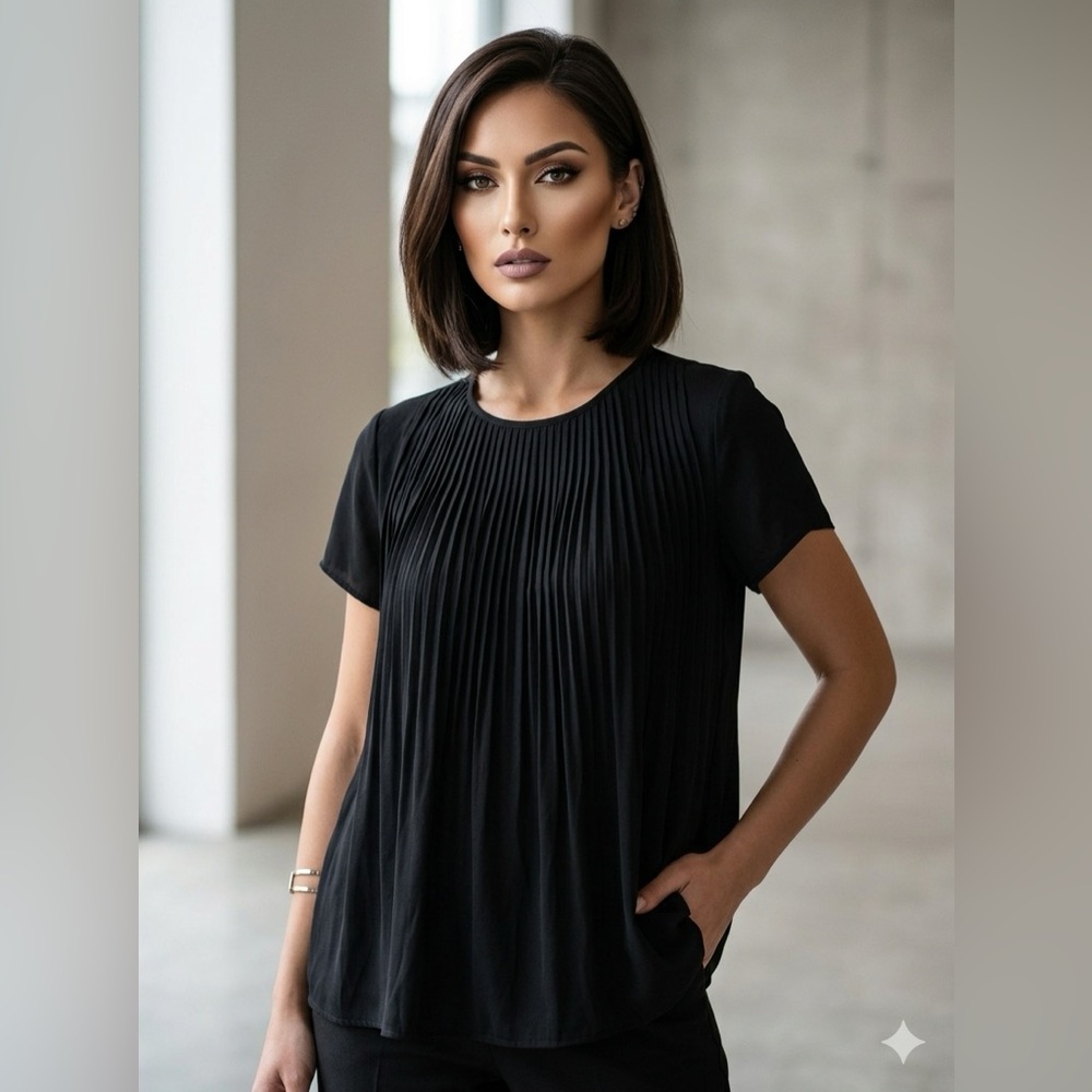 Anthropologies Dolan Left Coast Silky Classic Pleated Short-Sleeve Top - Black
